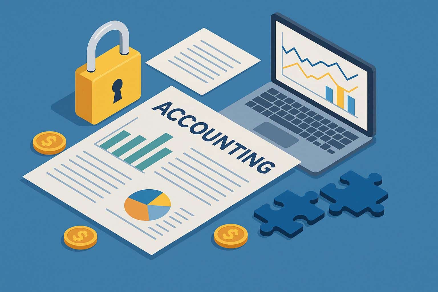 Modern office desk with financial charts, calculator, and laptop representing outsourced accounting