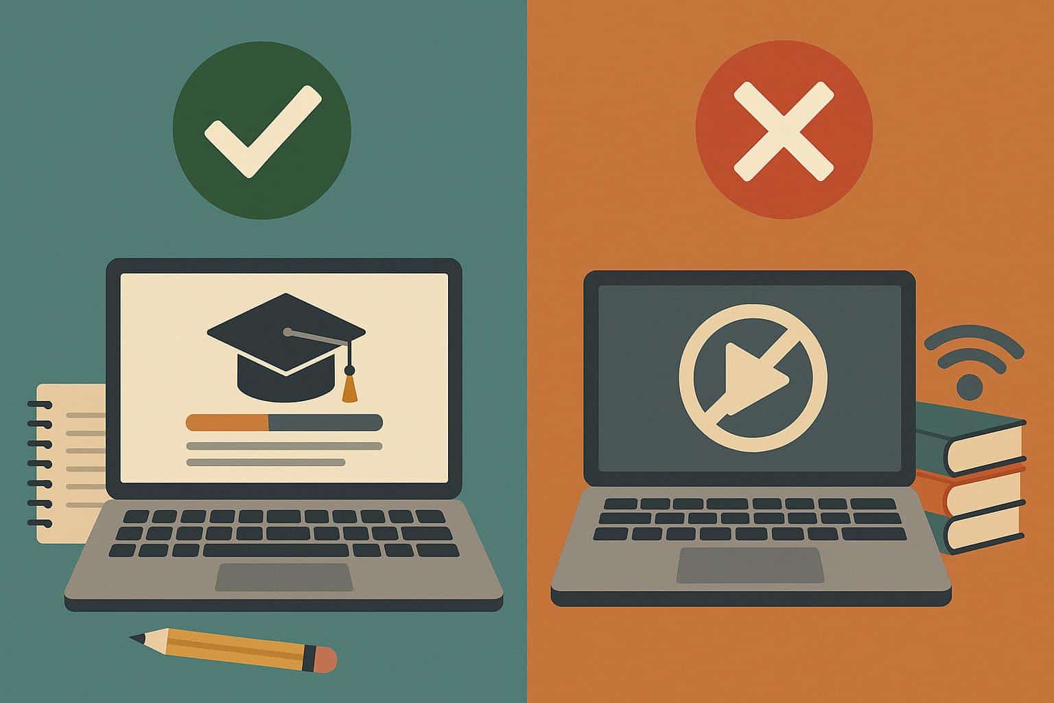 Laptop with open e-learning platform and study materials highlighting effective online education