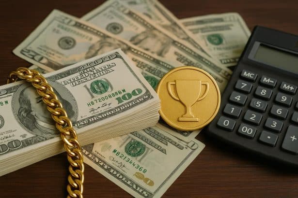Luxury car keys and designer wallet on cash, symbolizing financial flexing and wealth display