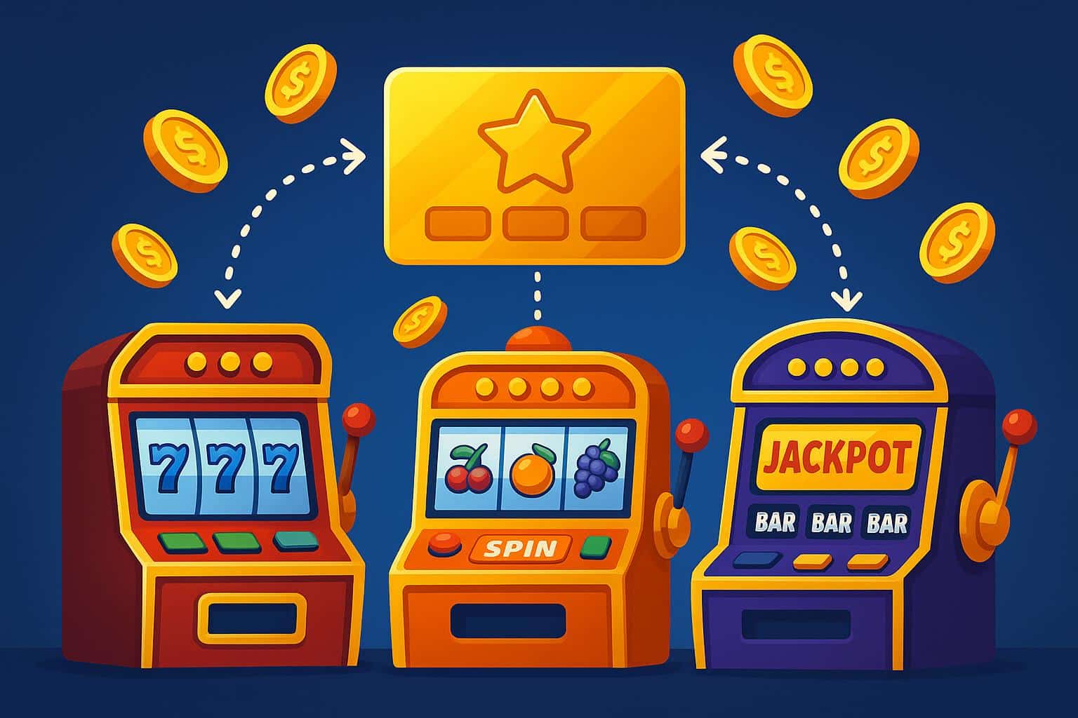 Digital slot machines connected by reward icons symbolizing cross-game loyalty redemption
