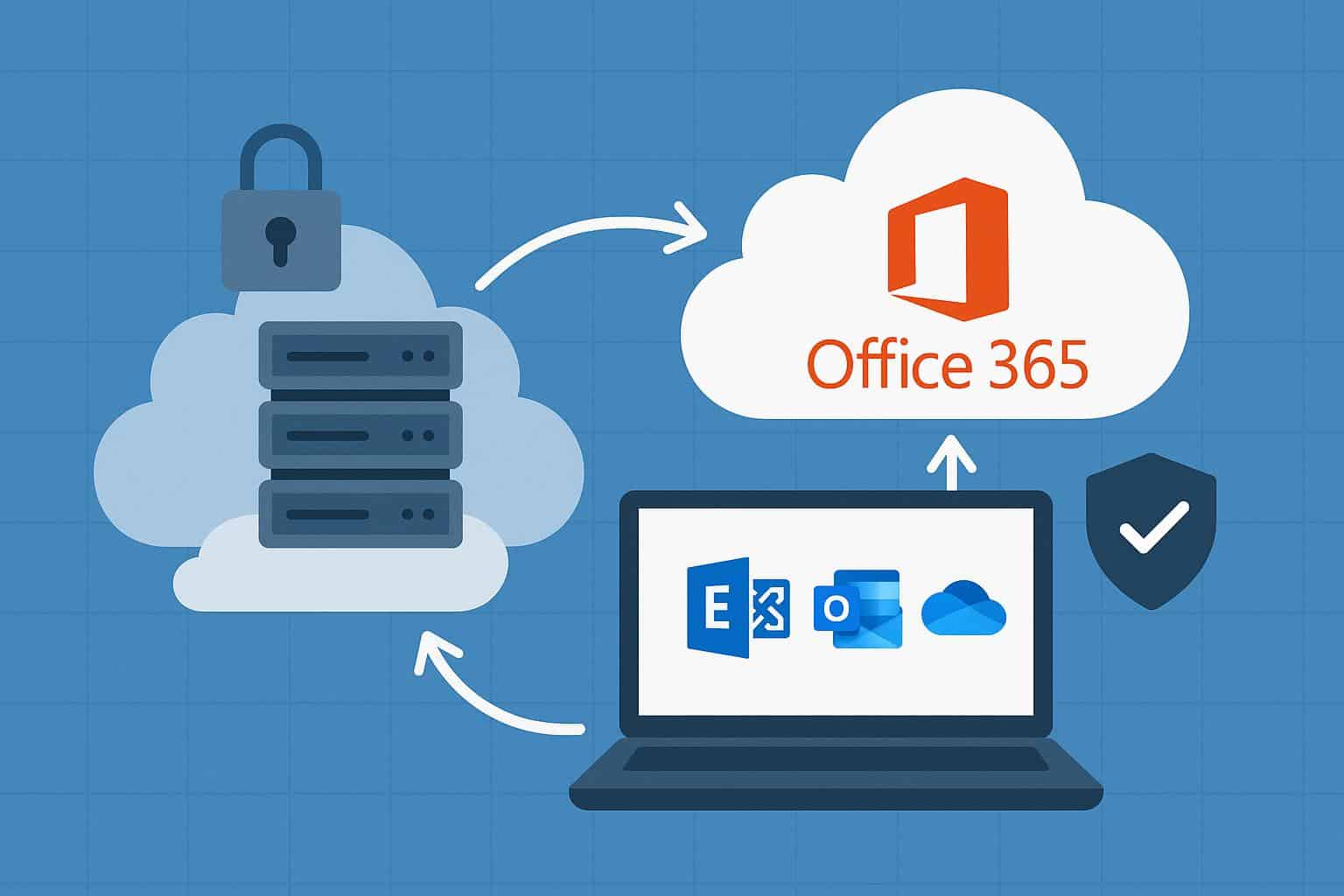 Office 365 hybrid setup concept with cloud and on-premises servers for IT teams integration