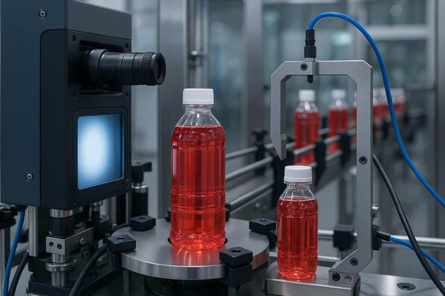 Automated inspection of liquid containers on a production line for quality assurance