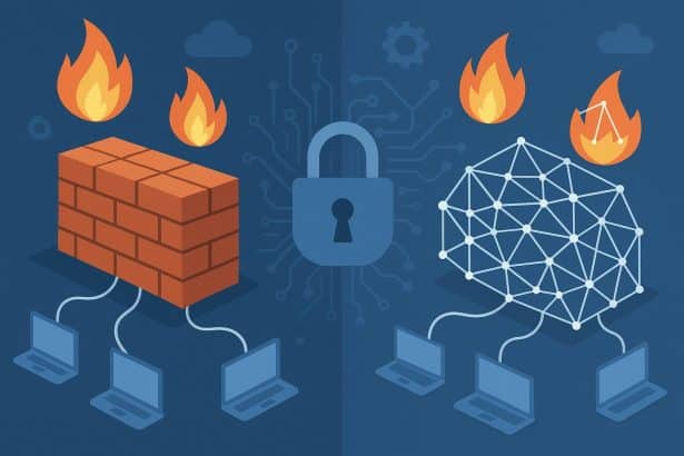 Hybrid mesh firewall concept illustrating network security transition for modern businesses