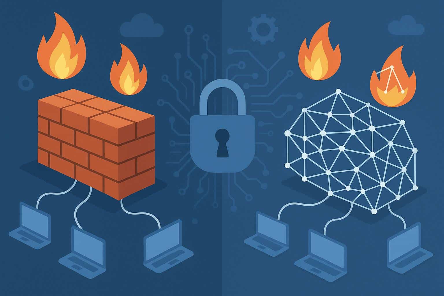 Hybrid mesh firewall concept illustrating network security transition for modern businesses