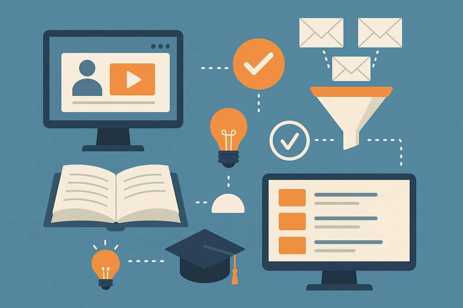 E-learning platform dashboard showing top-rated online courses and effective email marketing funnels