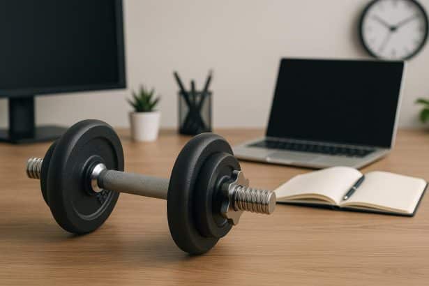 Dumbbell exercises promoting employee health in modern corporate wellness program setting