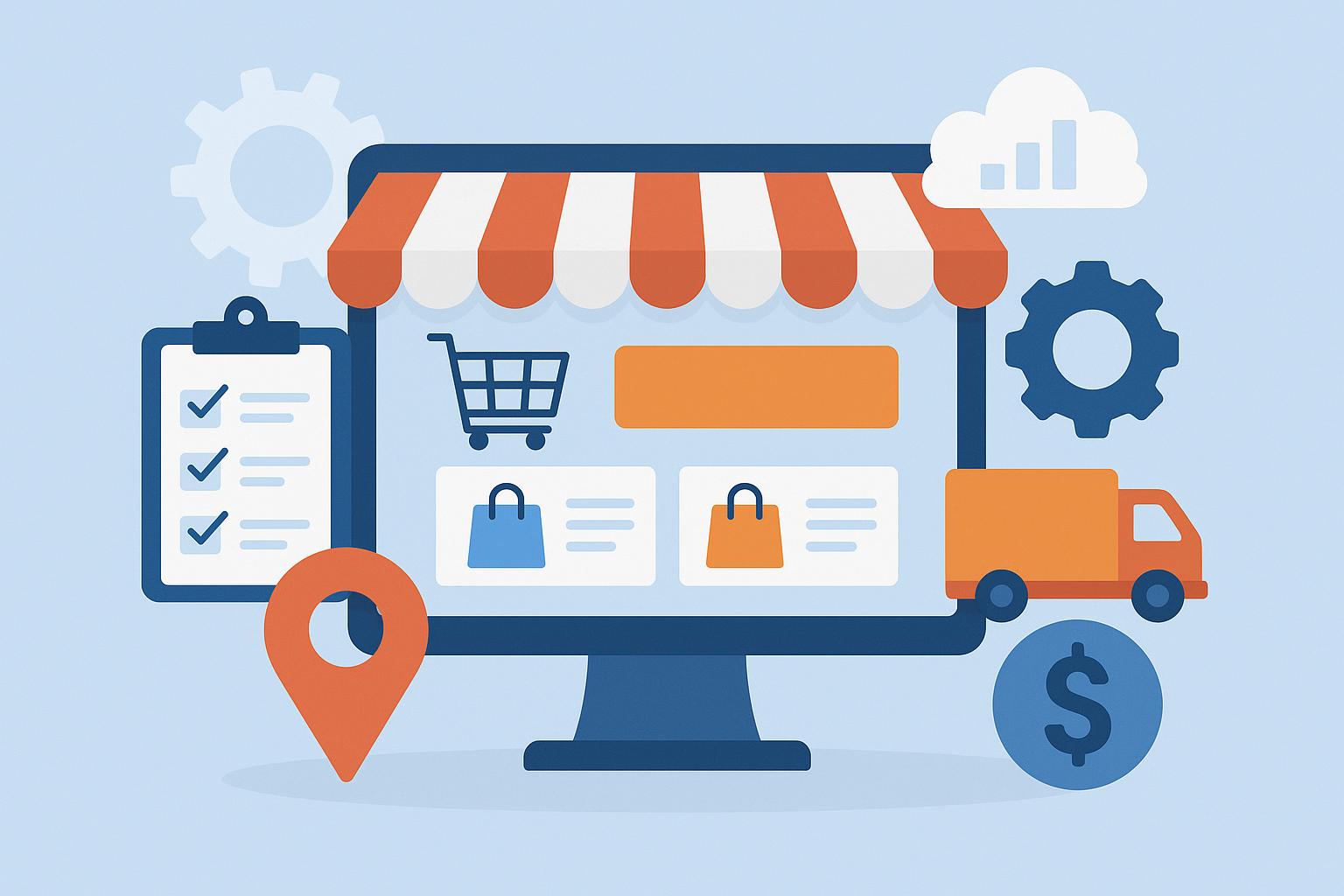 Modern marketplace software dashboard displaying analytics and growth trends for e-commerce businesses