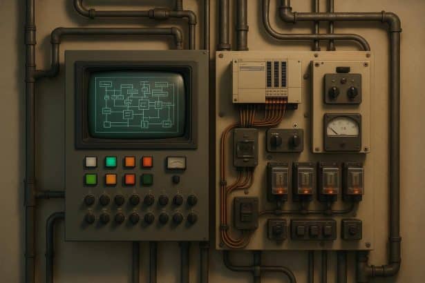 Server racks and vintage control panels illustrating legacy automation technology in use.