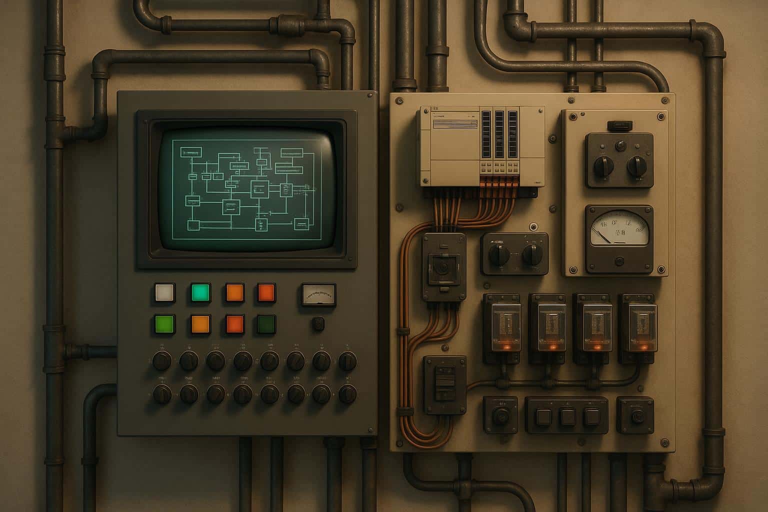 Server racks and vintage control panels illustrating legacy automation technology in use.