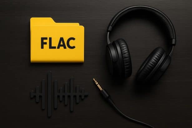 FLAC file icon with audio waveform representing lossless audio format and high-quality sound