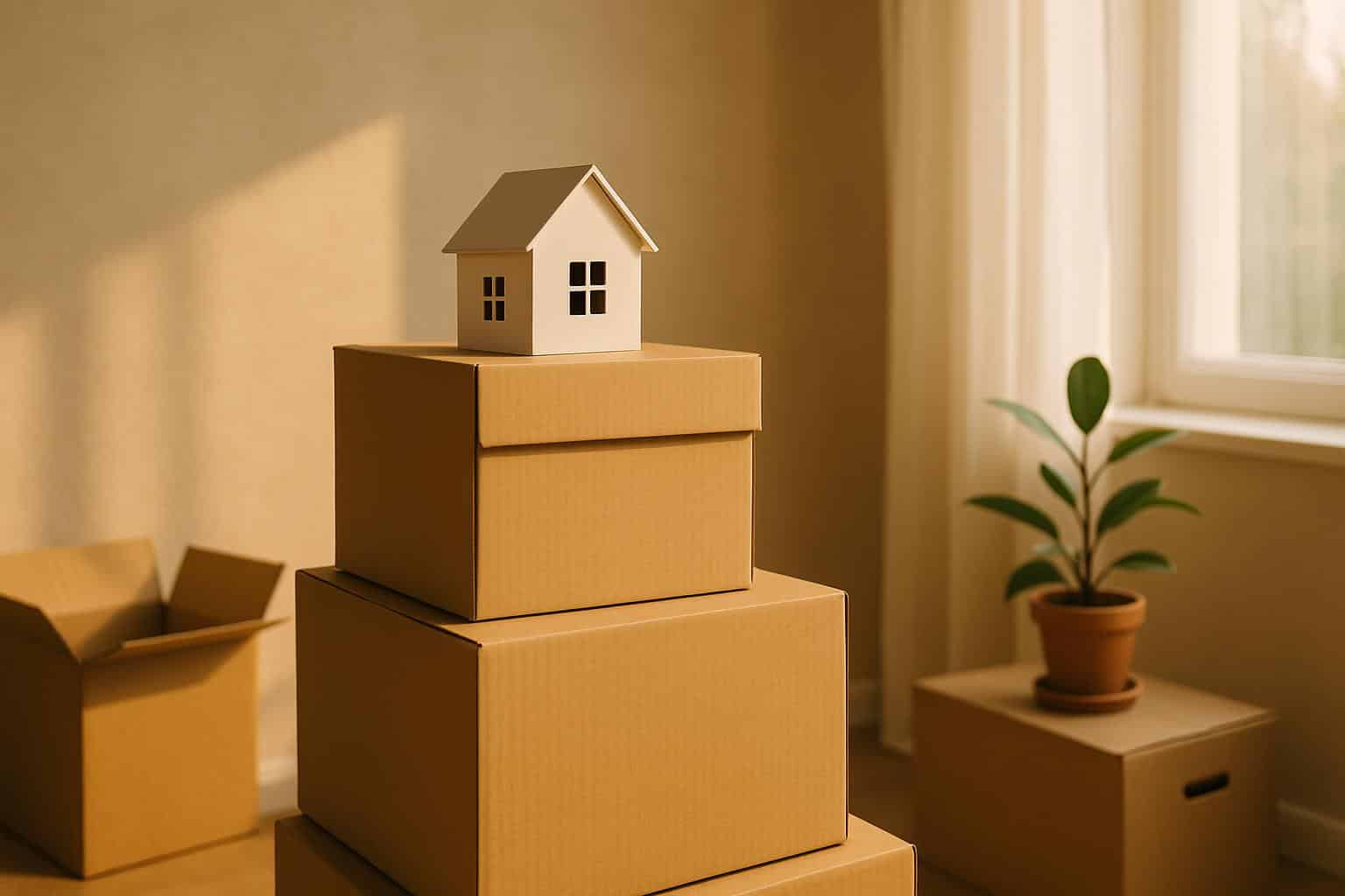 Stacked moving boxes beside an open doorway, symbolizing emotional aspects of relocation