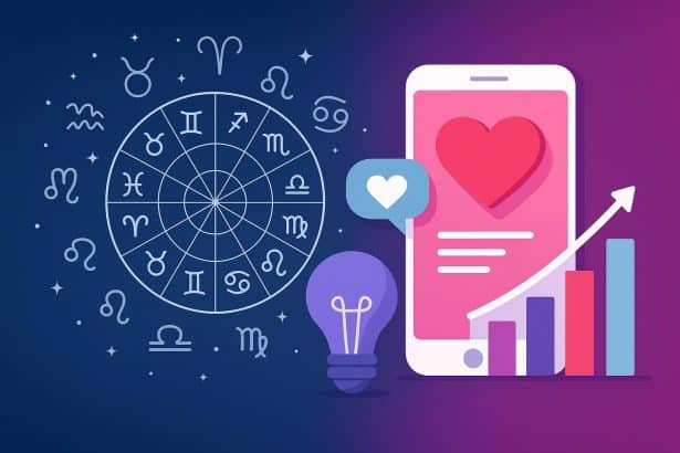 Zodiac signs and digital icons intertwine, symbolizing emotion-driven digital service innovation