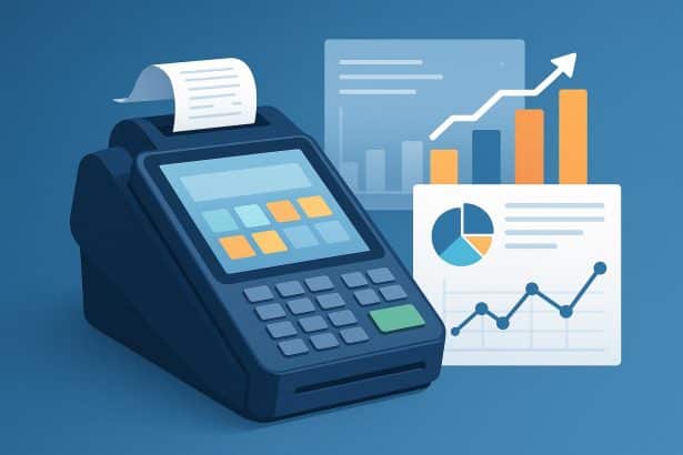 Modern smart PoS terminal analyzing sales data for improved business decision making
