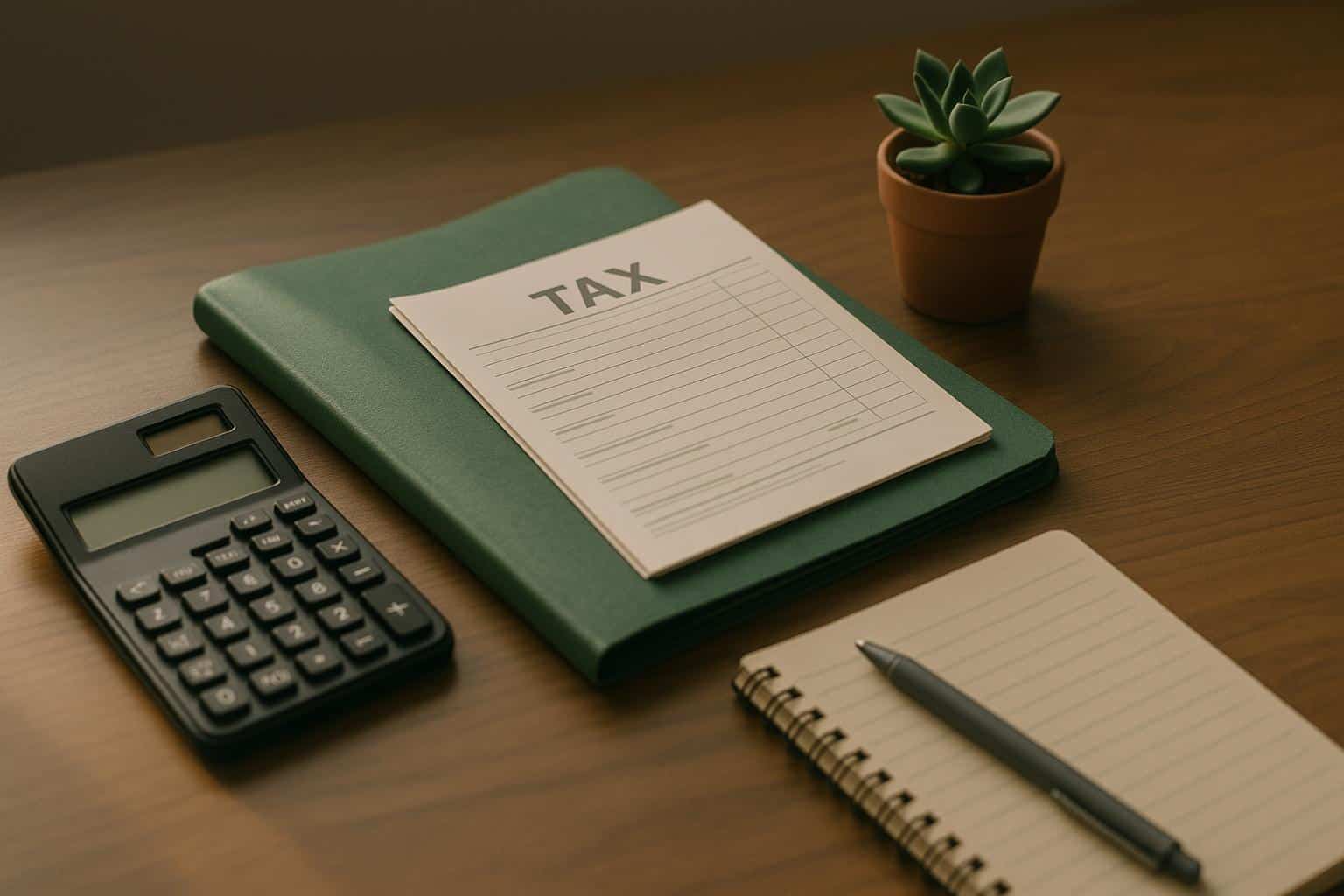 Organized home office desk with neatly stacked tax documents and financial planning materials