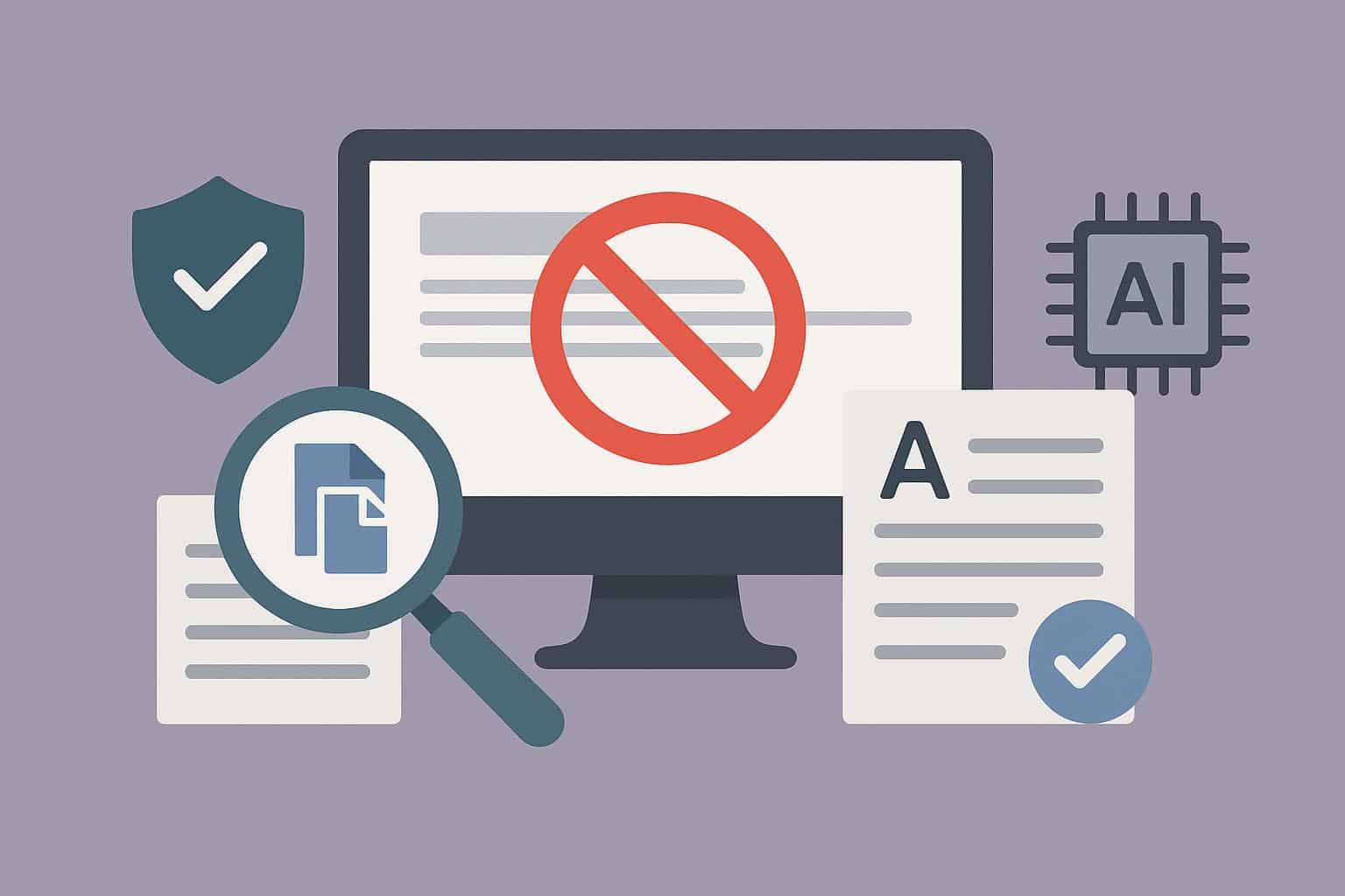 Illustration of plagiarism checker, grammar checker, and AI content detector preventing penalties