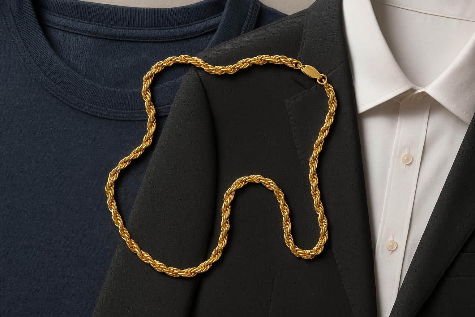 Gold chain styled with both a casual shirt and a formal suit for versatile fashion inspiration