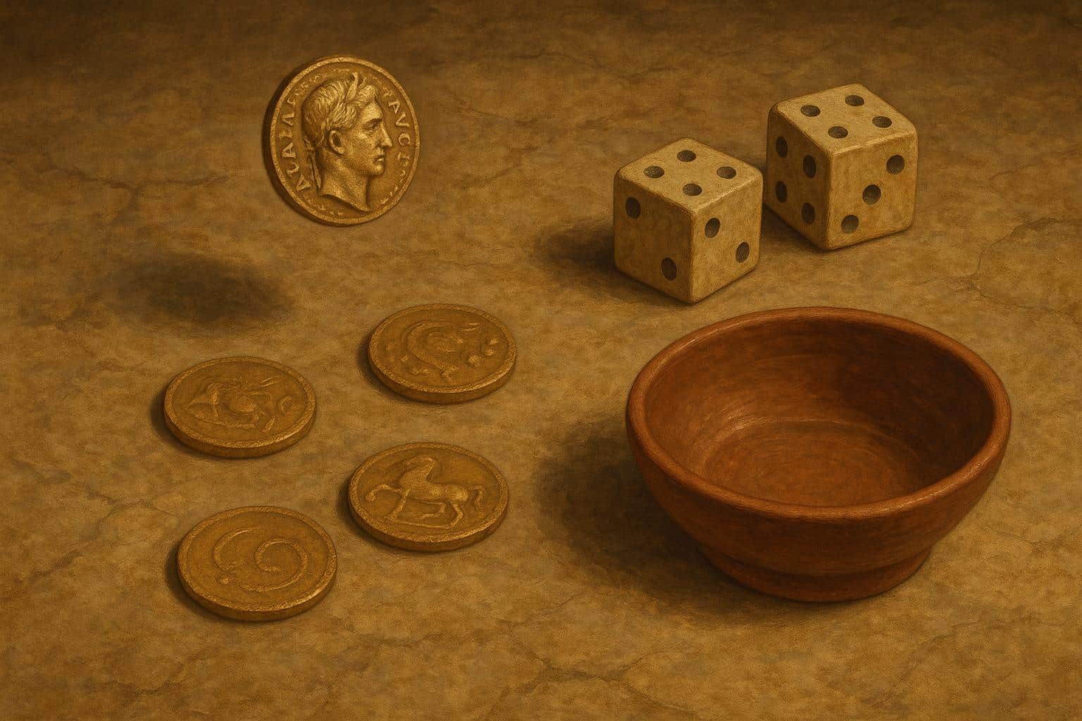 Ancient coins being tossed for gambling in early civilizations gaming activities