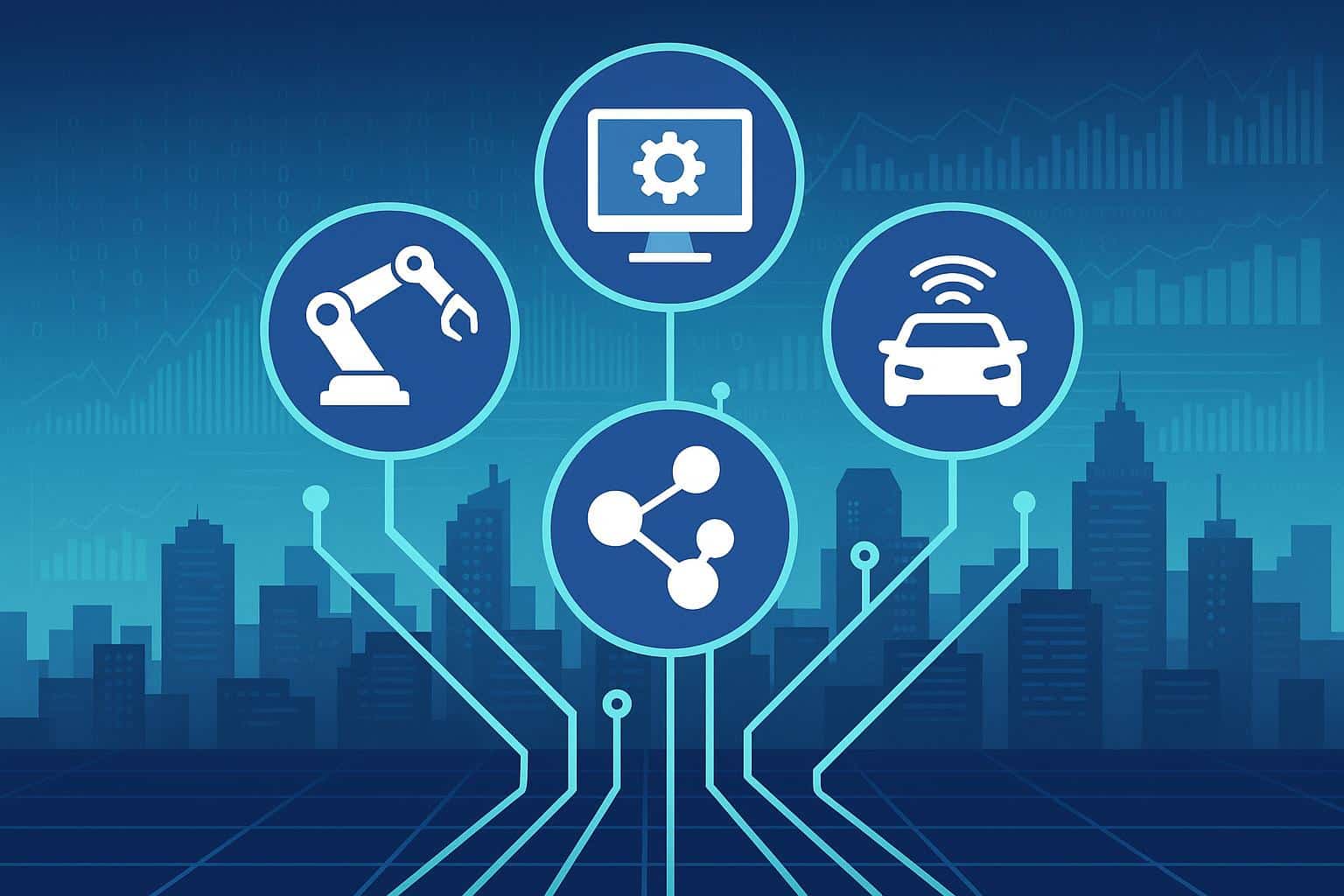 Modern digital devices and futuristic workplace technology transforming various industry sectors