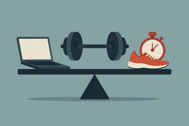Hybrid athlete at desk with laptop, gym weights, and running shoes for balanced lifestyle