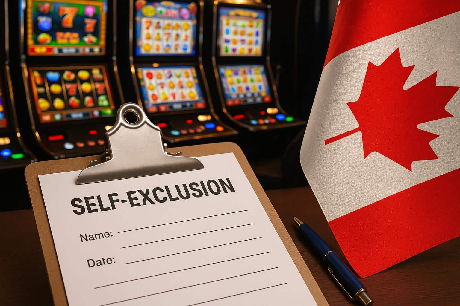 Canadian casino entrance with self-exclusion sign highlighting responsible gambling policies