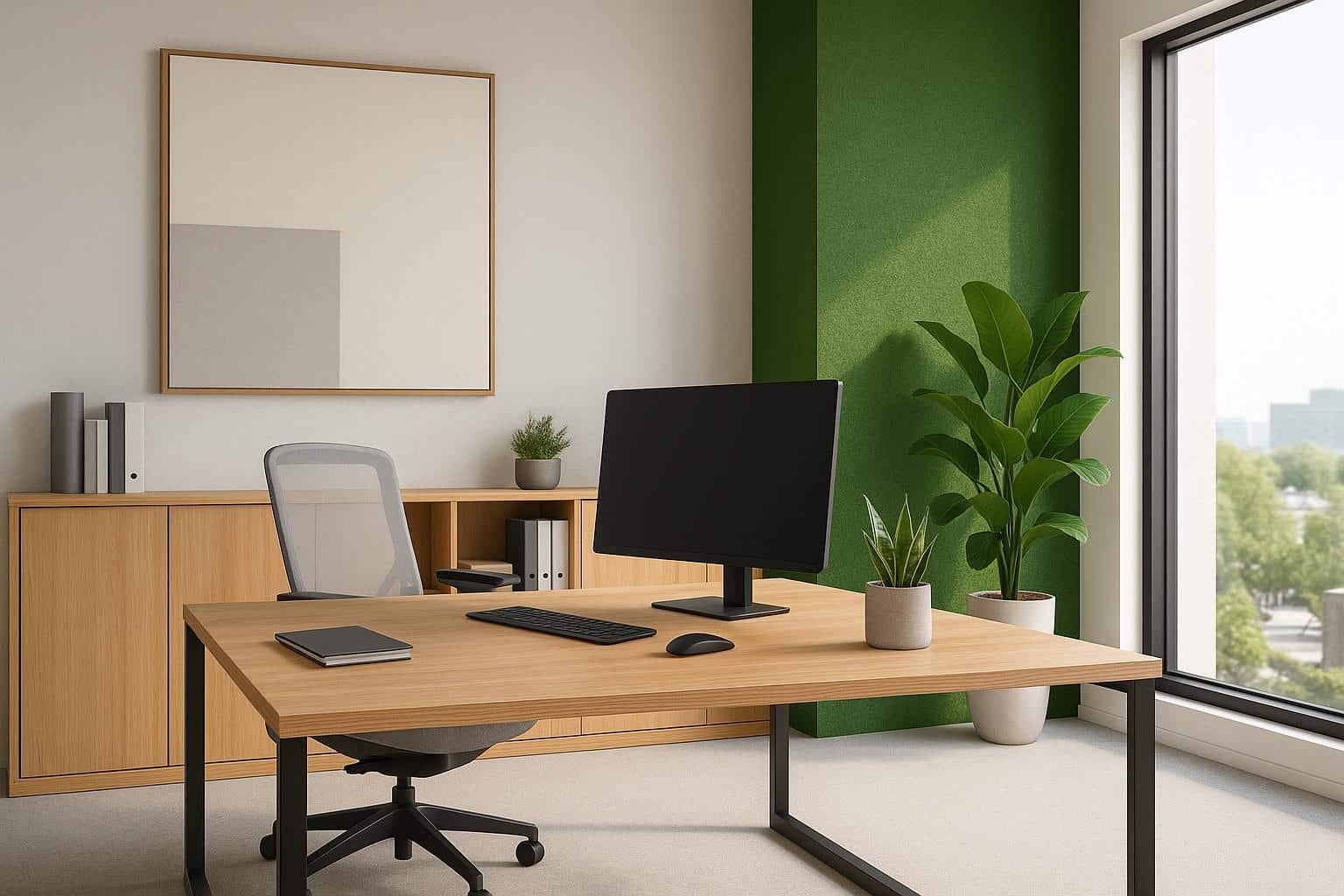 Modern office with ergonomic furniture and organized workspace for productive work environment
