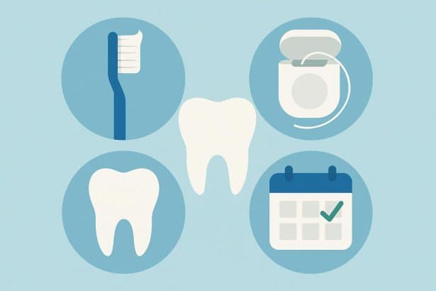 Toothbrush, floss, and toothpaste arranged on a clean countertop promoting oral health habits