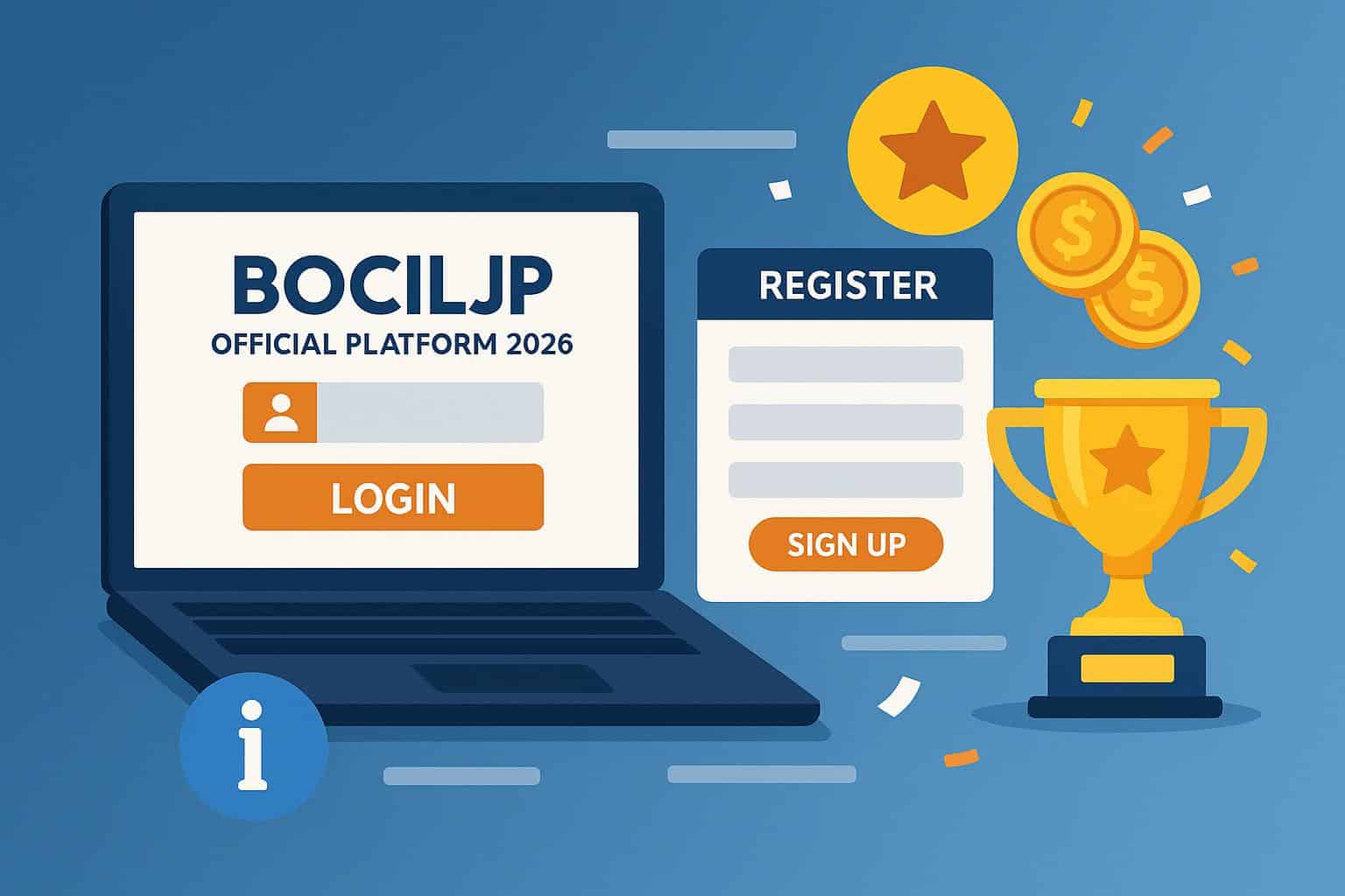 BOCILJP platform login screen with registration guide, bonus offers, and winning tips highlights