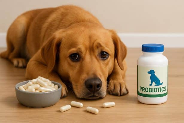 Dog eating probiotic supplement with food, promoting digestive health for sensitive stomachs