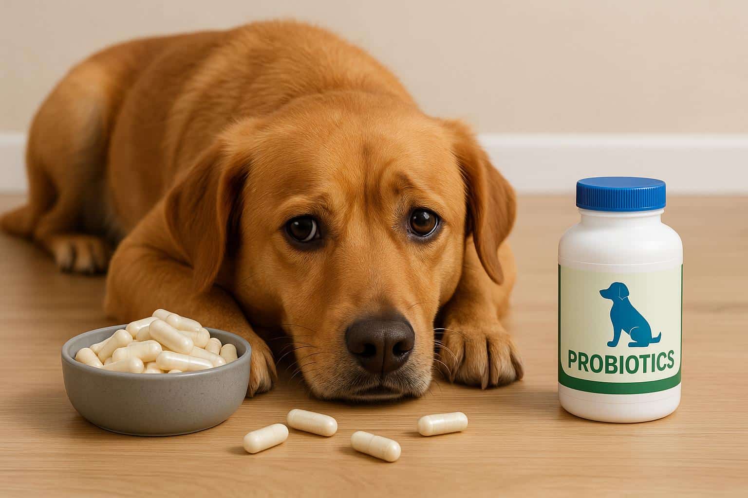 Dog eating probiotic supplement with food, promoting digestive health for sensitive stomachs