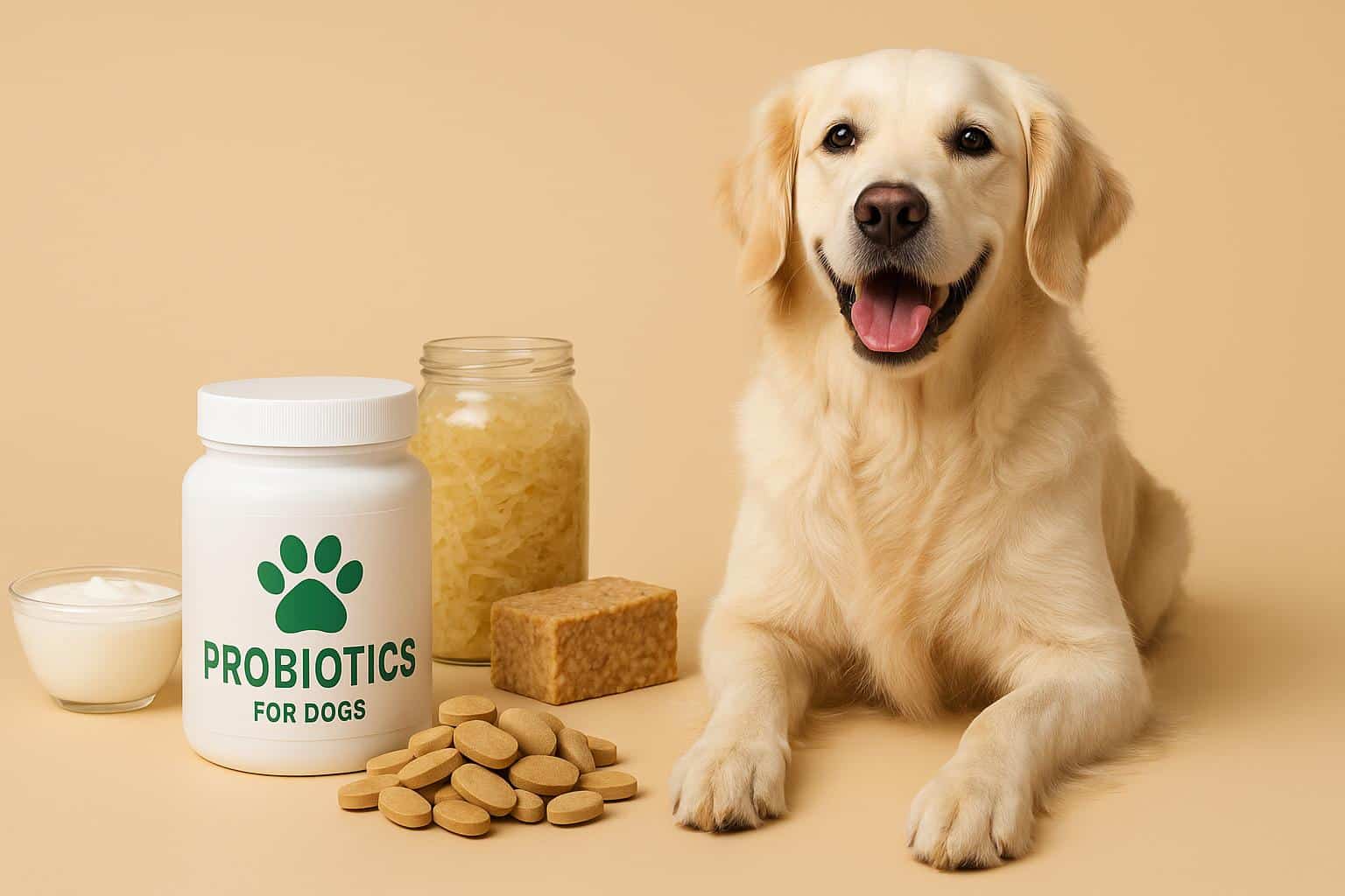 Happy dog eating from a bowl, representing benefits of probiotics for canine health and wellness