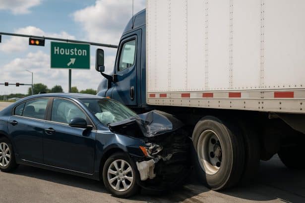 Damaged 18 wheeler truck on Houston highway after accident with emergency response vehicles