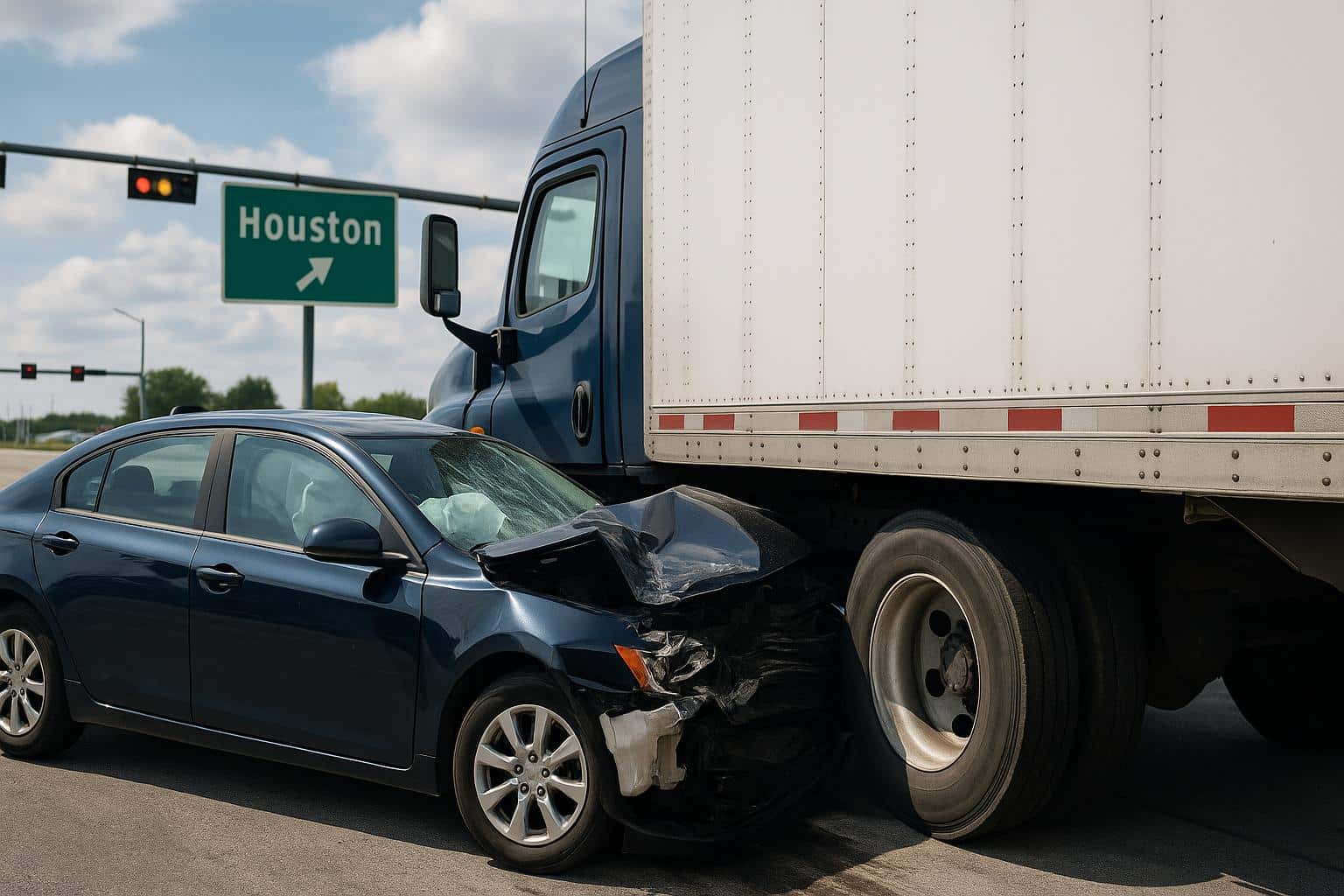 Damaged 18 wheeler truck on Houston highway after accident with emergency response vehicles
