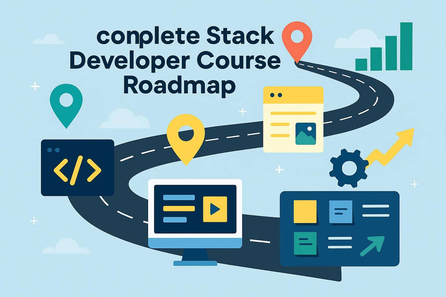 Illustration of a stack developer roadmap with skills, project icons, and career growth arrows