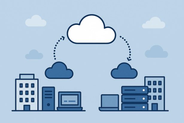 Cloud data transfer between enterprise tenants with security icons and migration arrows