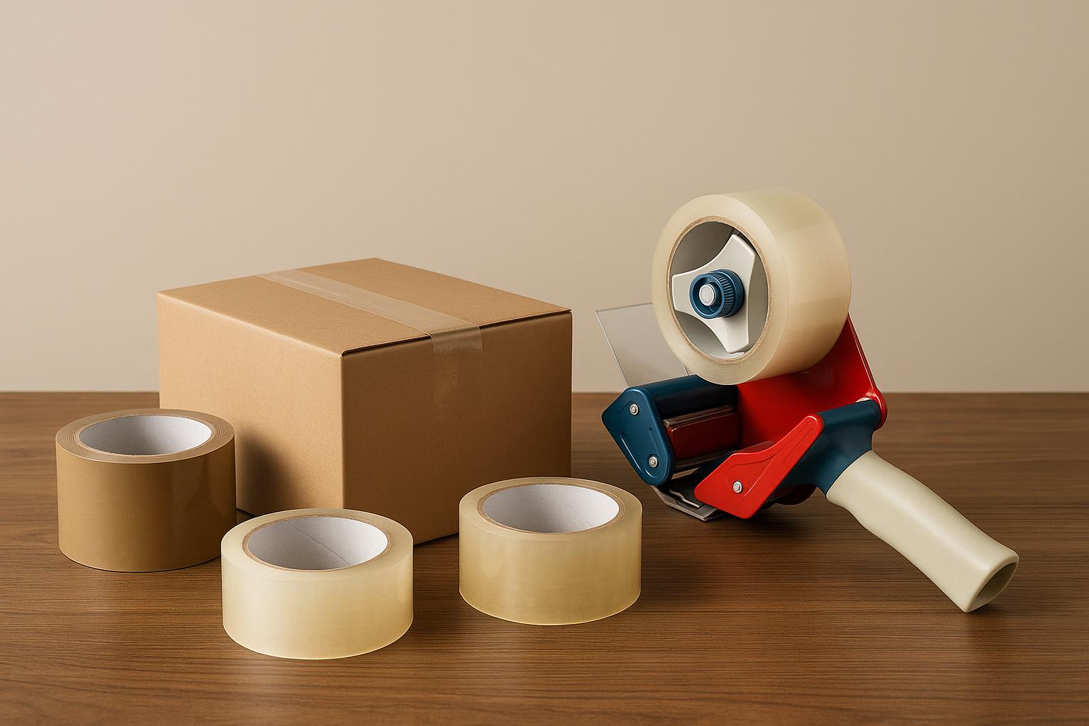 Assorted packaging tapes and cardboard boxes displayed for business shipping supply selection