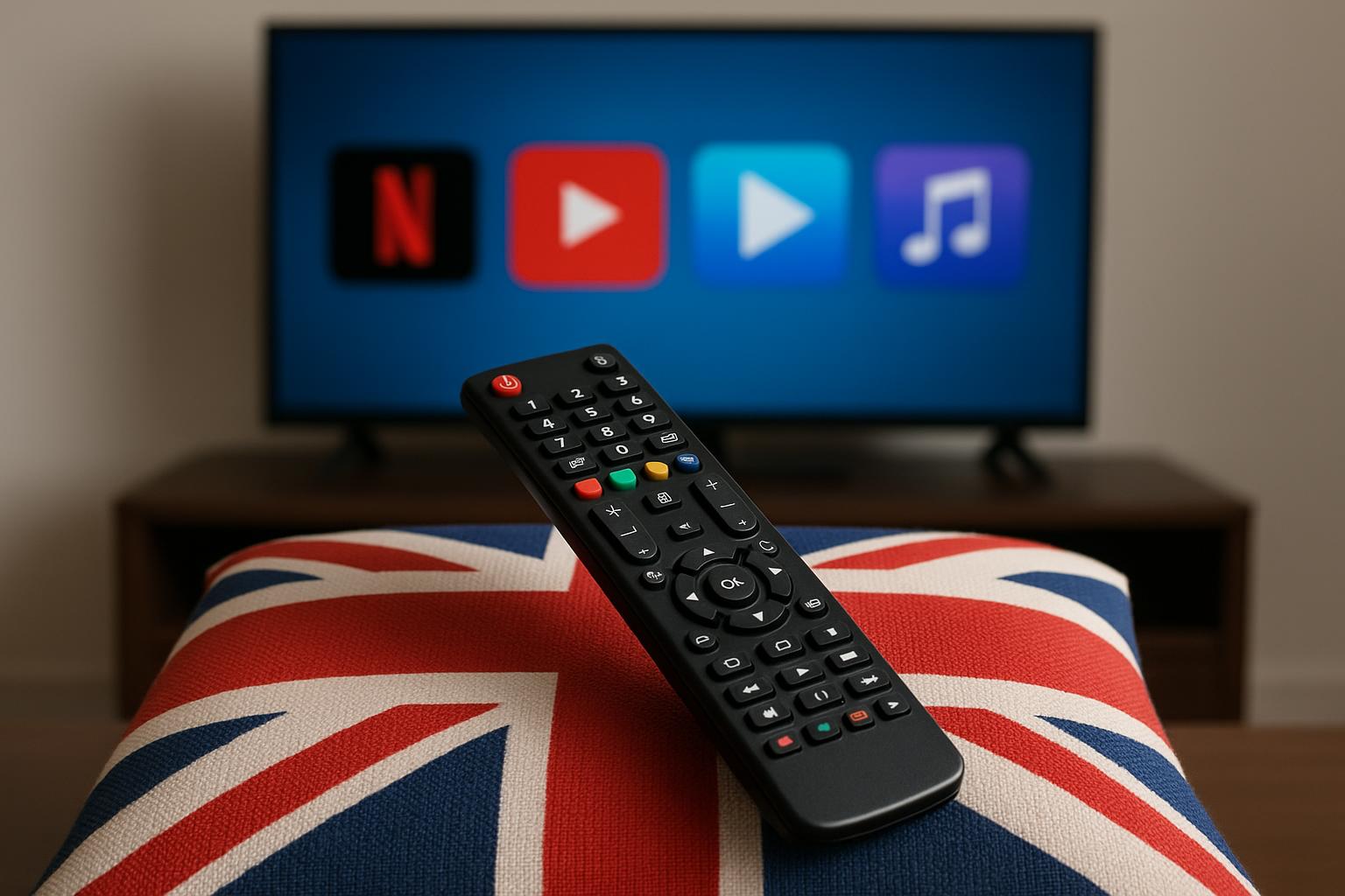Streaming devices, TV screens, and popular UK entertainment platform logos in a modern living room
