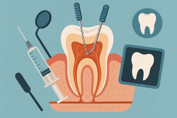 Endodontist performing root canal treatment with dental instruments on a patient's tooth