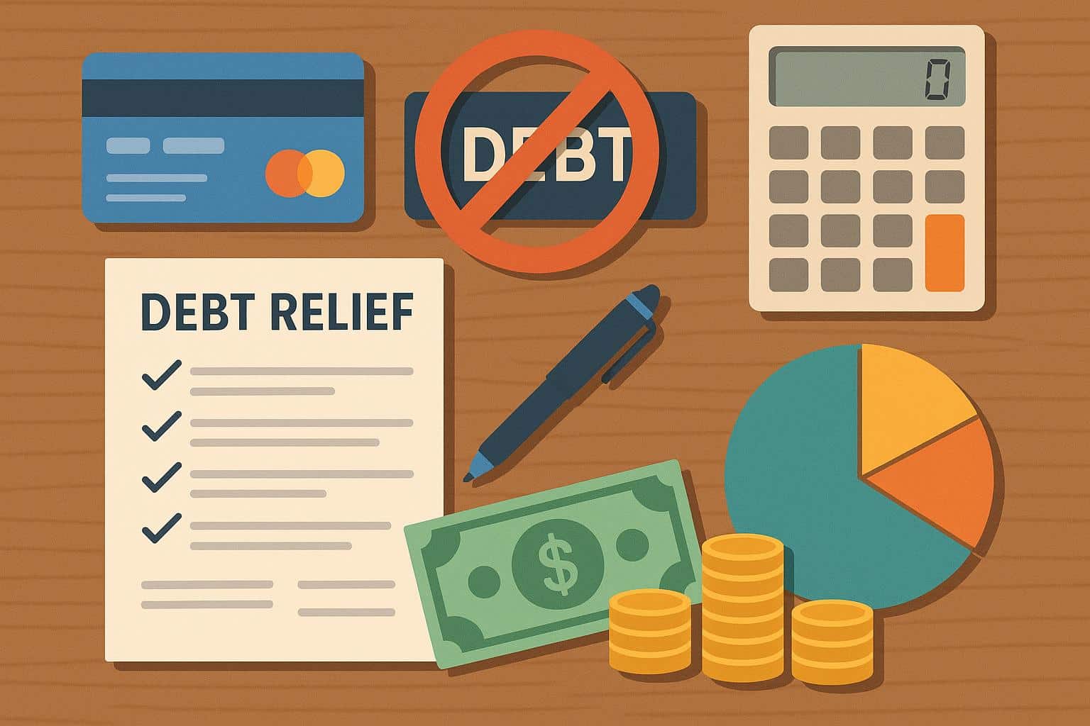 Credit card bills, calculator, and relief options paperwork symbolizing unsecured debt solutions