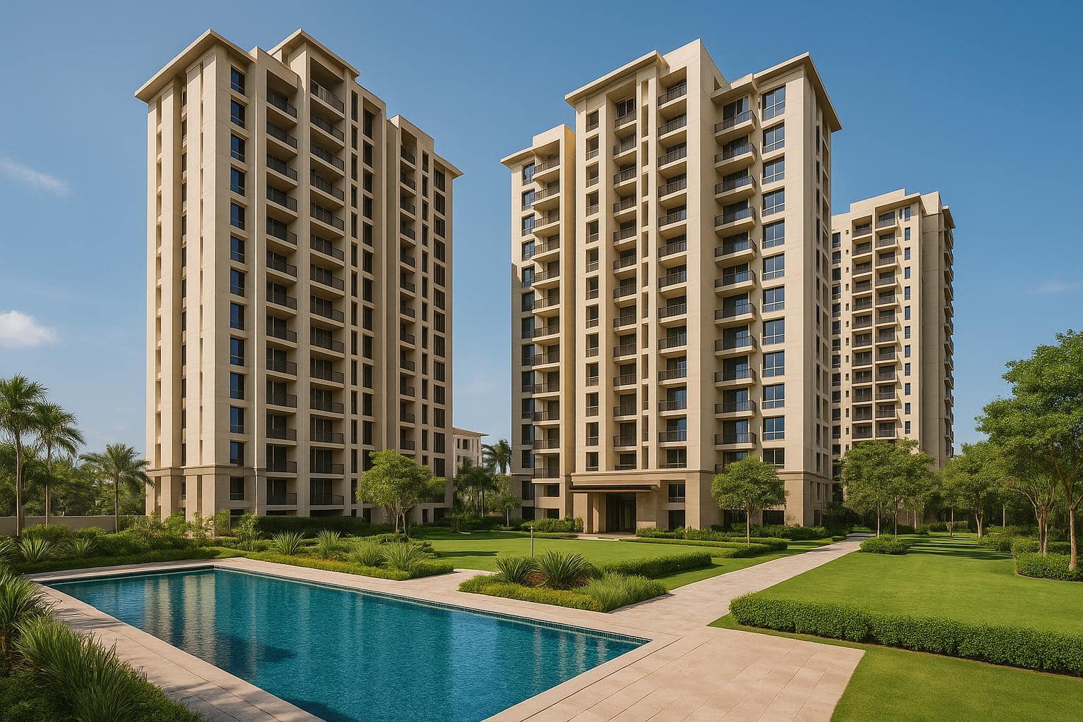 Modern luxury flat exterior in Bangalore, featuring premium architecture and lush surroundings