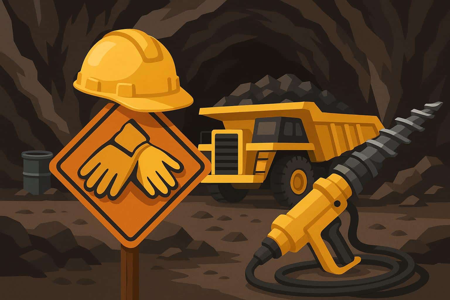 Mining safety equipment and drilling tools in use at an industrial extraction site
