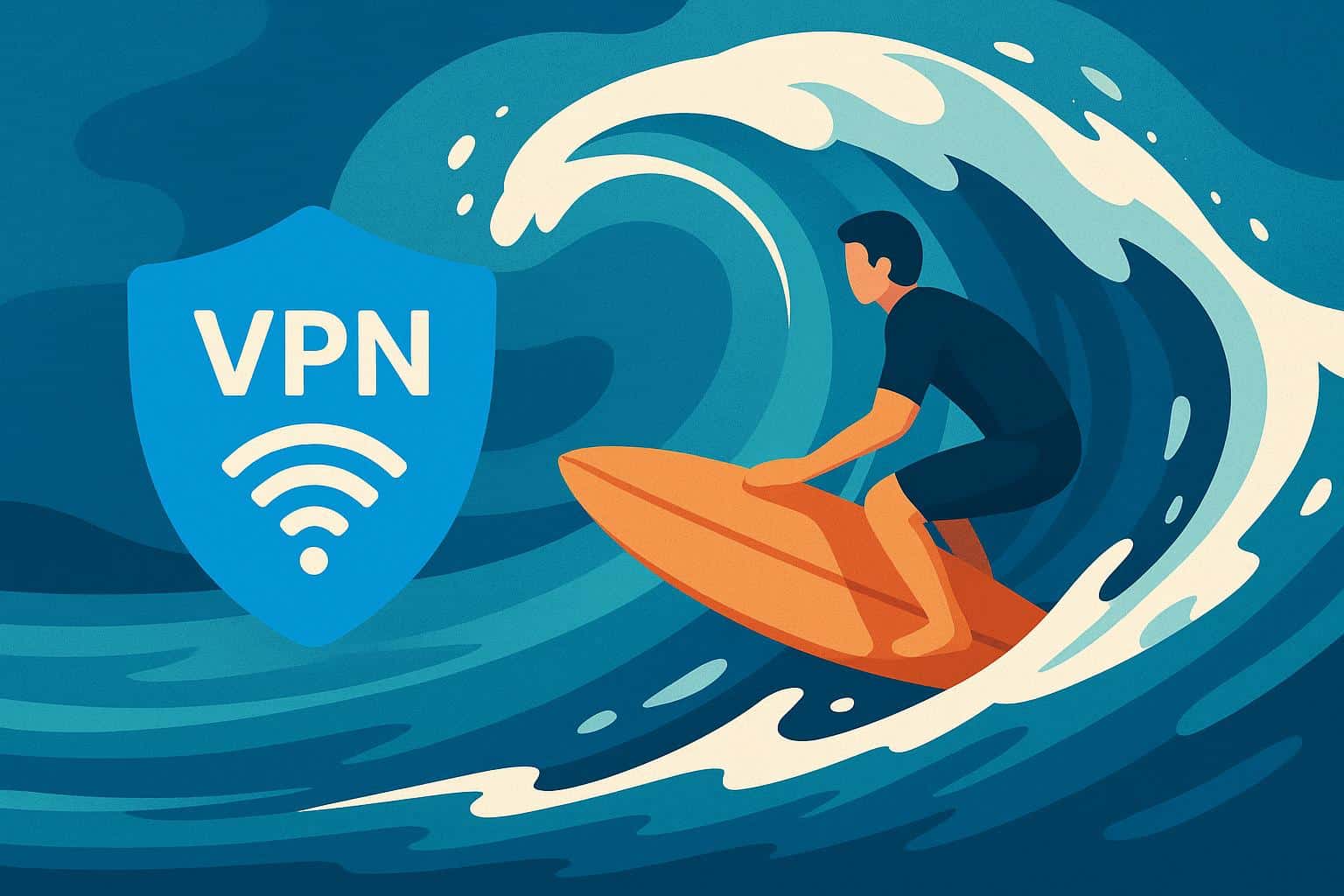 Surfer using a laptop on the beach with VPN security icons highlighting safe internet browsing