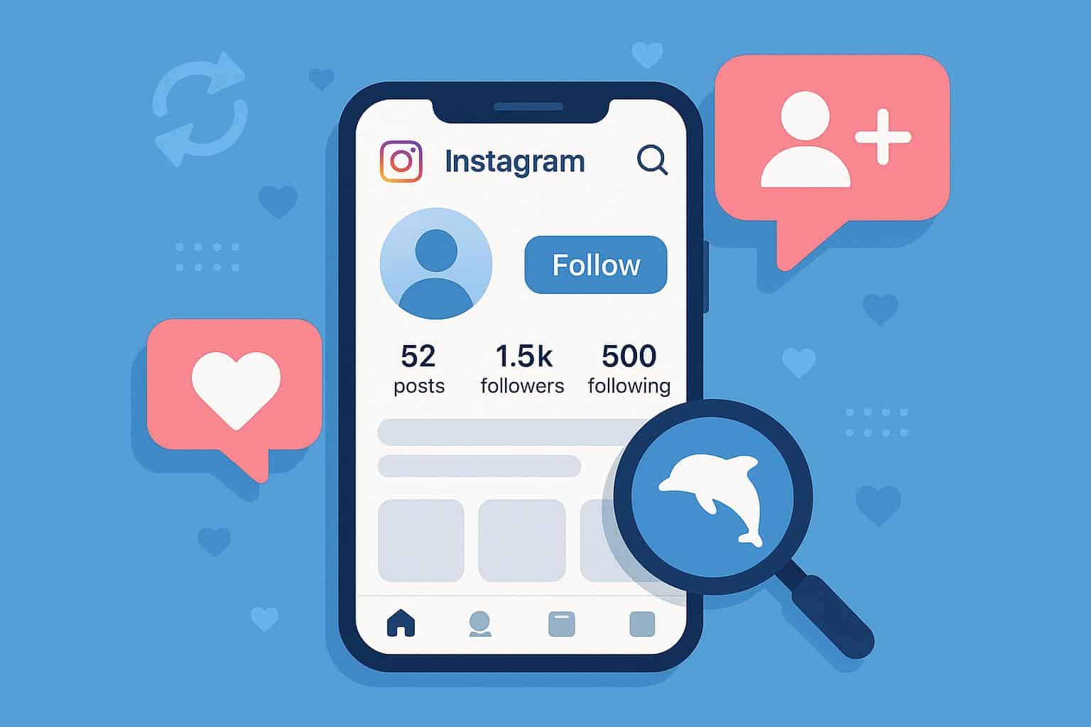 Instagram follow back process illustrated with DolphinRadar app interface and analytics features