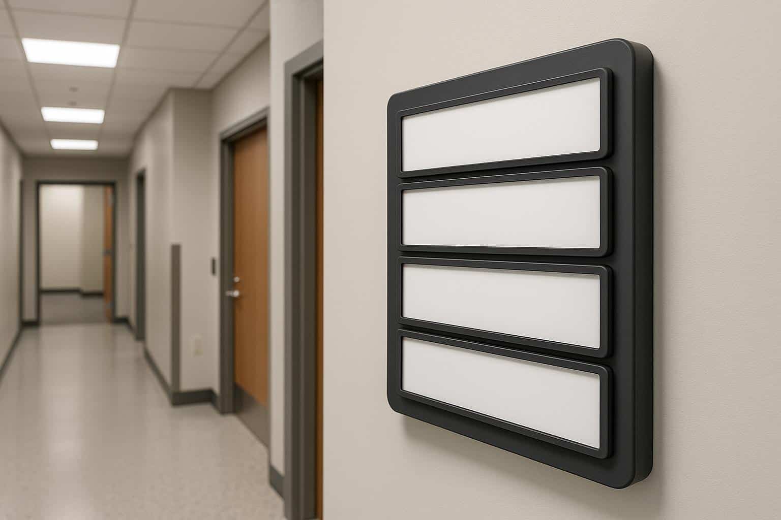 Hallway signage with changeable inserts guiding navigation in a busy business facility