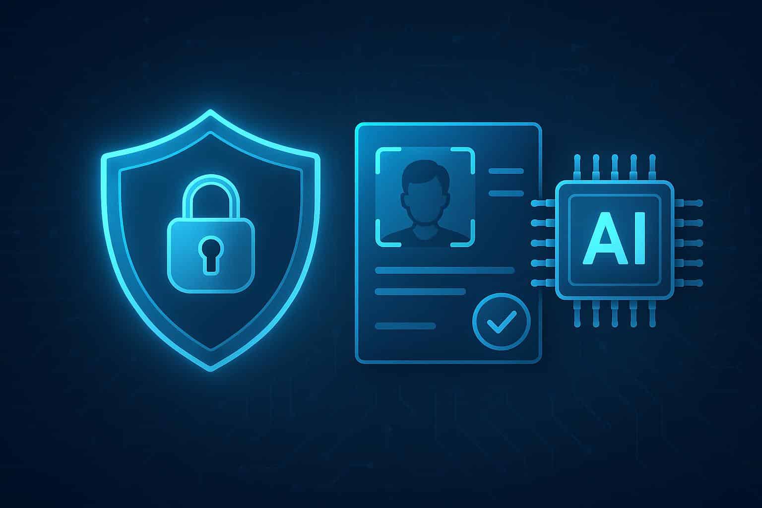 Digital shield with AI icons detecting fraudulent login attempts in an online verification system