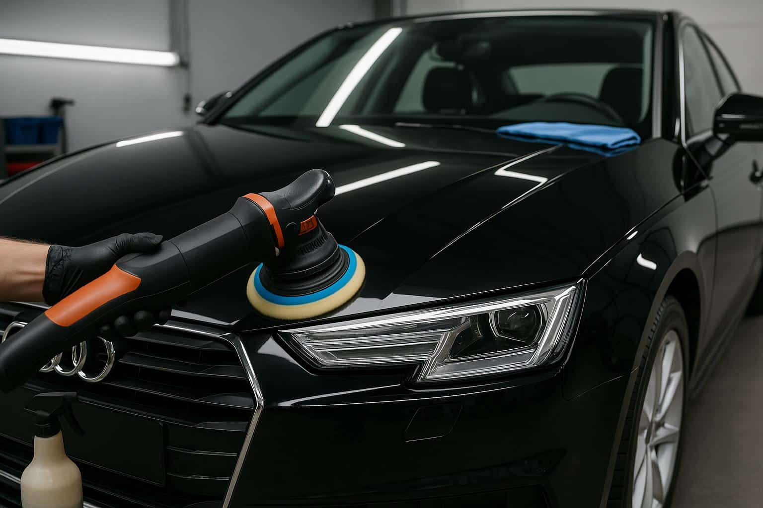 Car receiving professional detailing with buffing tools to preserve exterior and enhance value