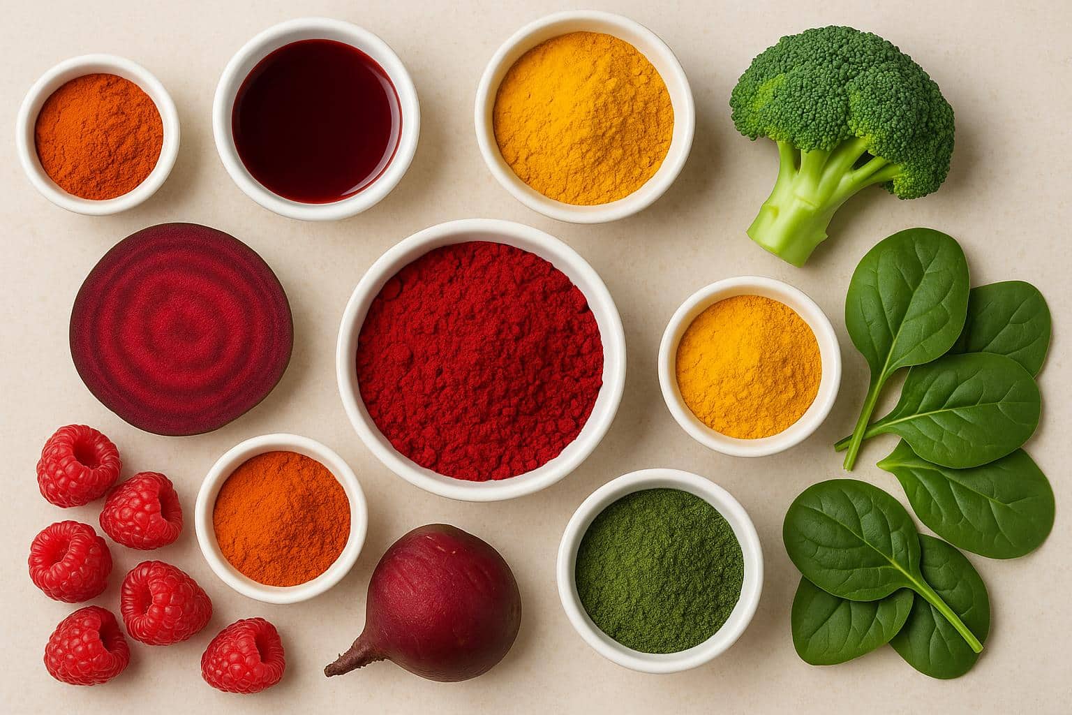 Assorted fruits and vegetables rich in natural red pigments and color compounds on a rustic background