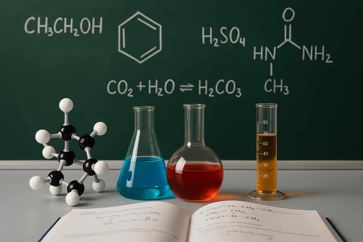 Senior chemistry textbook, periodic table, and molecular models illustrating challenging concepts