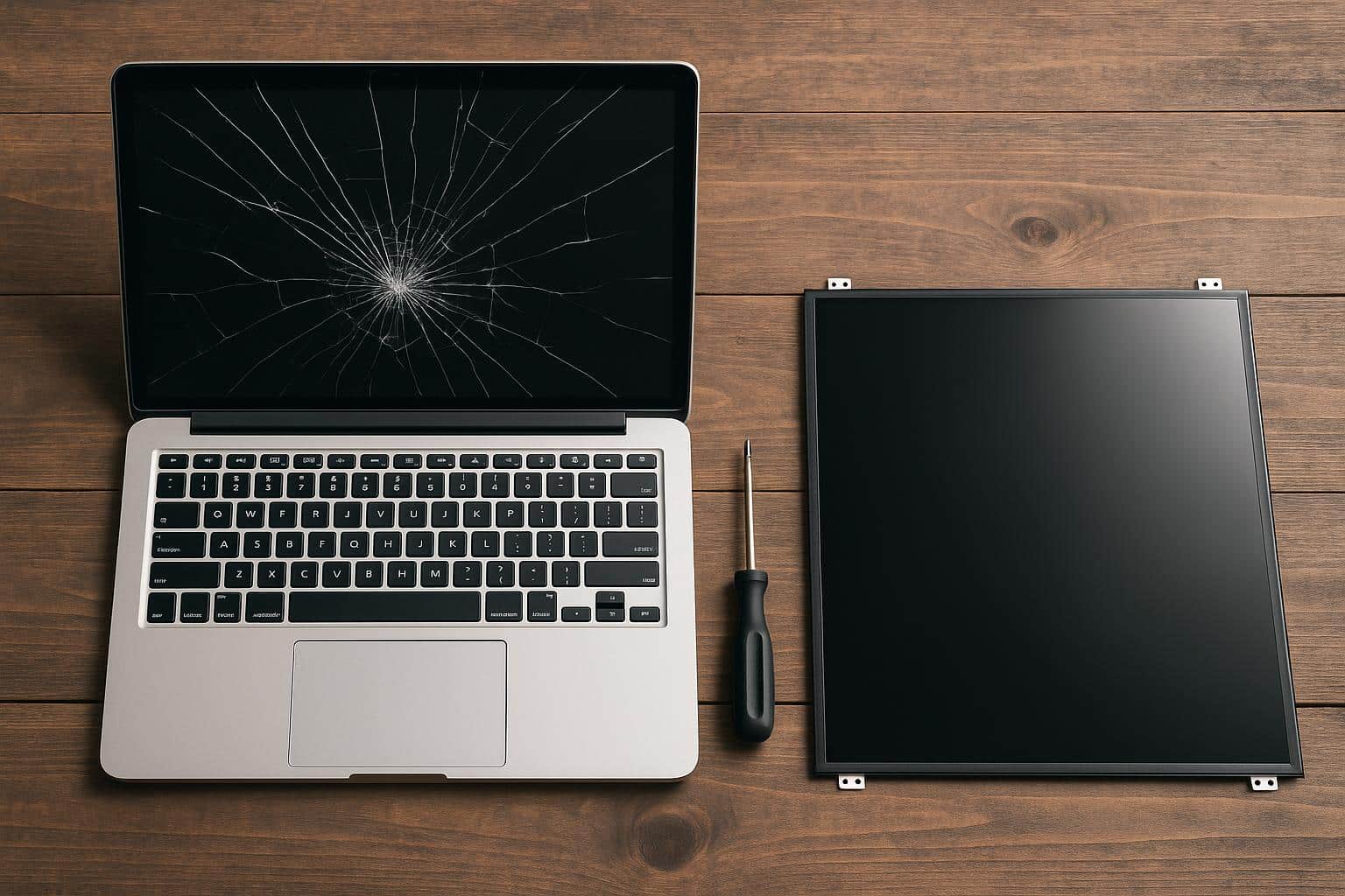 Close-up of cracked laptop screen with repair tools on desk, illustrating screen damage decisions
