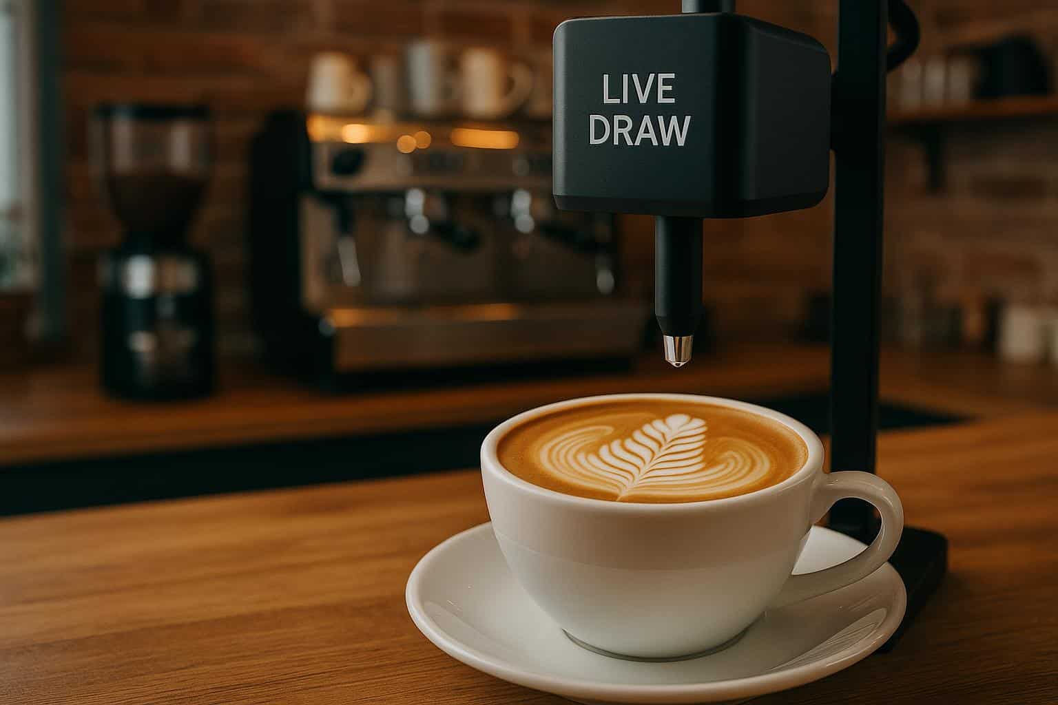 Barista creating latte art with stamp design at innovative coffee shop using live draw techniques