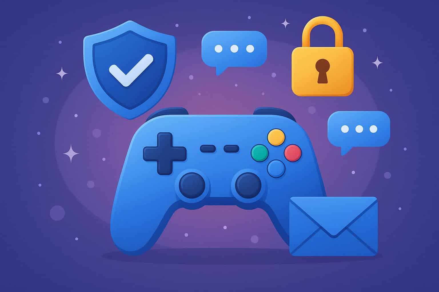 Online gaming safety tips illustration with secure login and enjoyable gameplay elements
